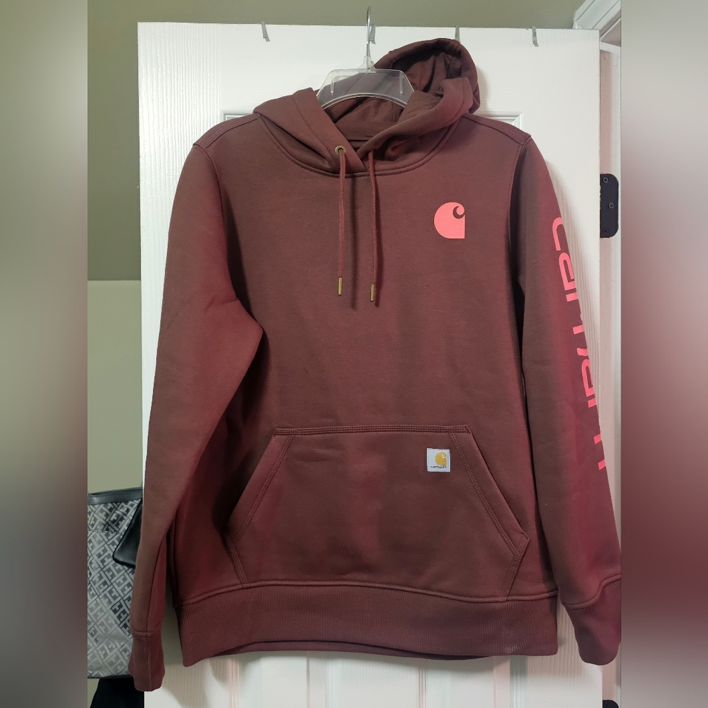Carhartt Maroon Hoodie with Pink Accents Women's Medium